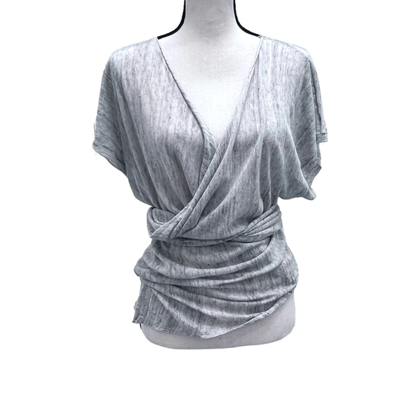PURE DKNY GRAY MARLED LINEN SHORT SLEEVE MULTIWAY DRAPE FRONT OPEN CARDIGAN - Picture 2 of 14